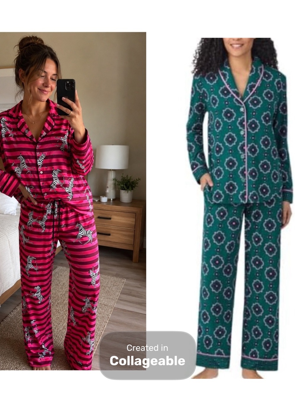 Room Service Matching Pajama Sets Green Floral & Pink Zebra Stripe (Two Sets)